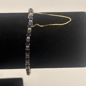 18K Yellow Gold Sapphire Tennis Bracelet LGL Womens Clasp Safety Chain Jewelry